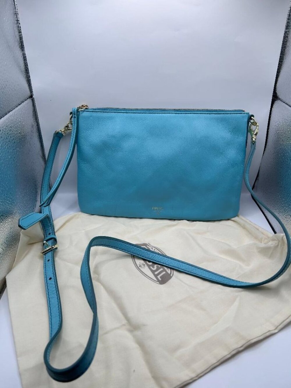 Fossil Sydney Leather Slim Crossbody Bag in Sky Blue With Duster Bag